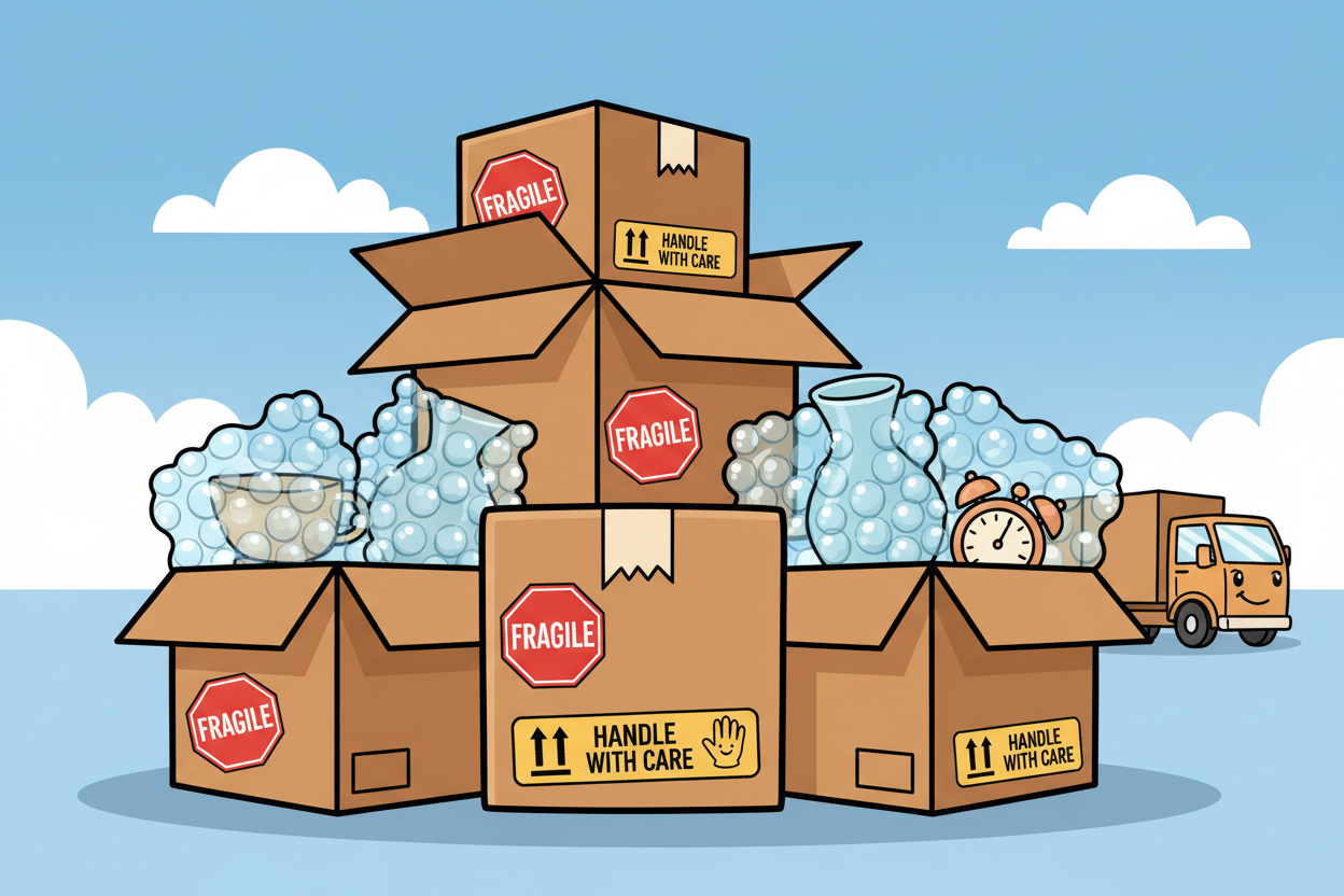 cartoonish illustration of carefull packed boxes with bubble wrapped items and fragile stickers.